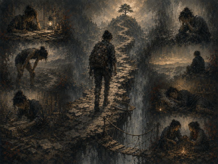 Painterly editorial illustration of a weary figure continuing across a broken stone path, surrounded by scenes of exhaustion, overwork, isolation, rest, support, and recovery.