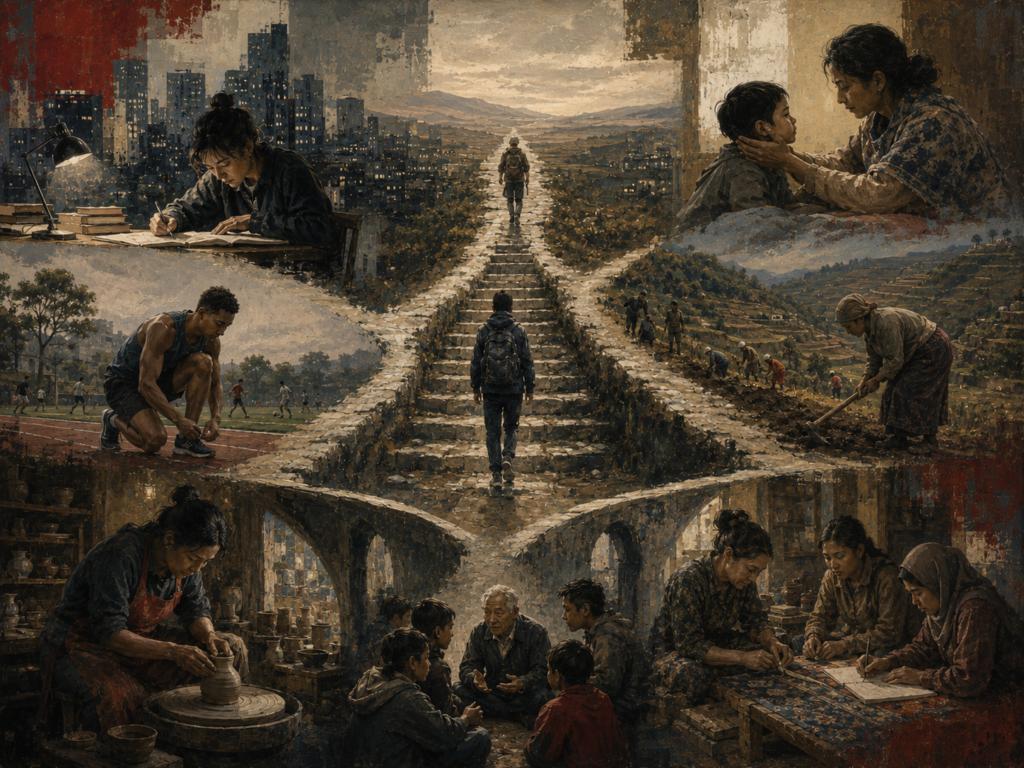 Painterly editorial illustration of grit across different social and cultural contexts, showing people studying, training, caregiving, farming, crafting, learning, mentoring, and walking intersecting paths.