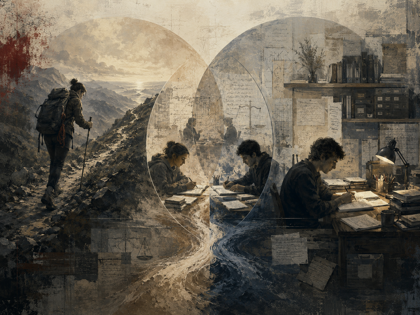 Painterly editorial illustration comparing grit and conscientiousness through overlapping symbolic scenes of long-term striving, disciplined study, organization, responsibility, and psychological assessment.