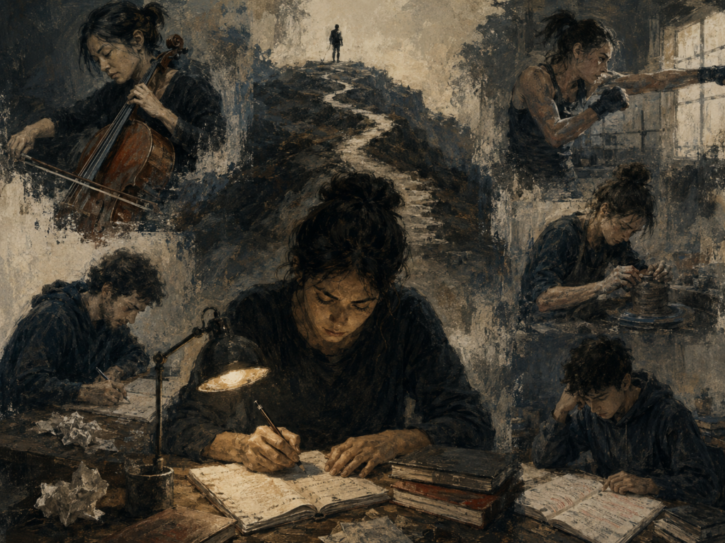 Painterly editorial illustration of deliberate practice, showing focused study, music practice, athletic training, craft work, revision, fatigue, and a difficult path toward mastery.