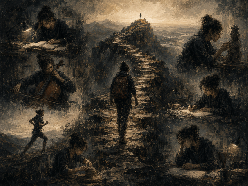 Painterly editorial illustration of a person climbing a difficult stone path toward a distant summit, surrounded by scenes of study, practice, endurance, craft, fatigue, and disciplined long-term effort.