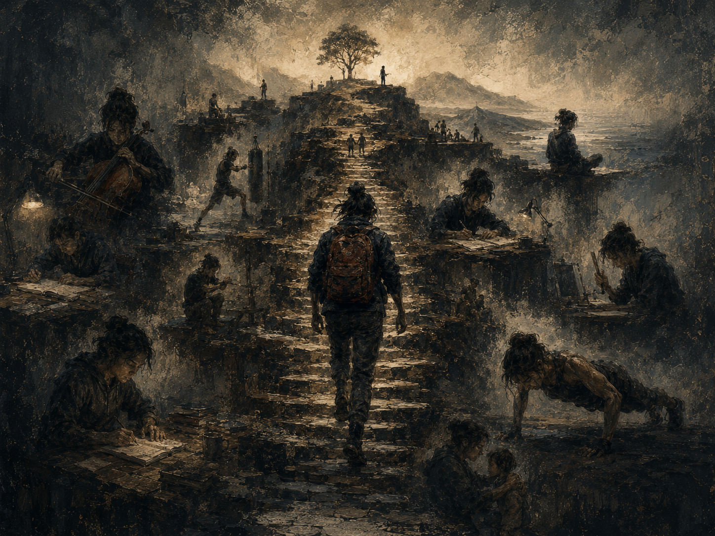Painterly editorial illustration of a person climbing a layered stone path toward a distant tree, surrounded by scenes of study, practice, caregiving, endurance, reflection, and disciplined effort.