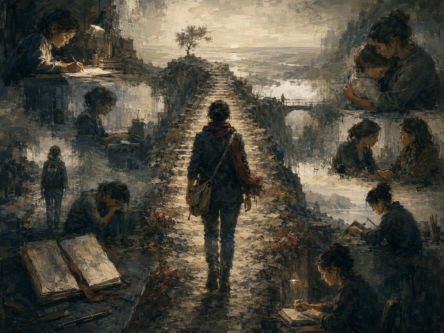 Painterly editorial illustration of a person walking along a rugged path toward a distant tree, surrounded by memory-like scenes of writing, reflection, caregiving, struggle, conversation, and life story formation.