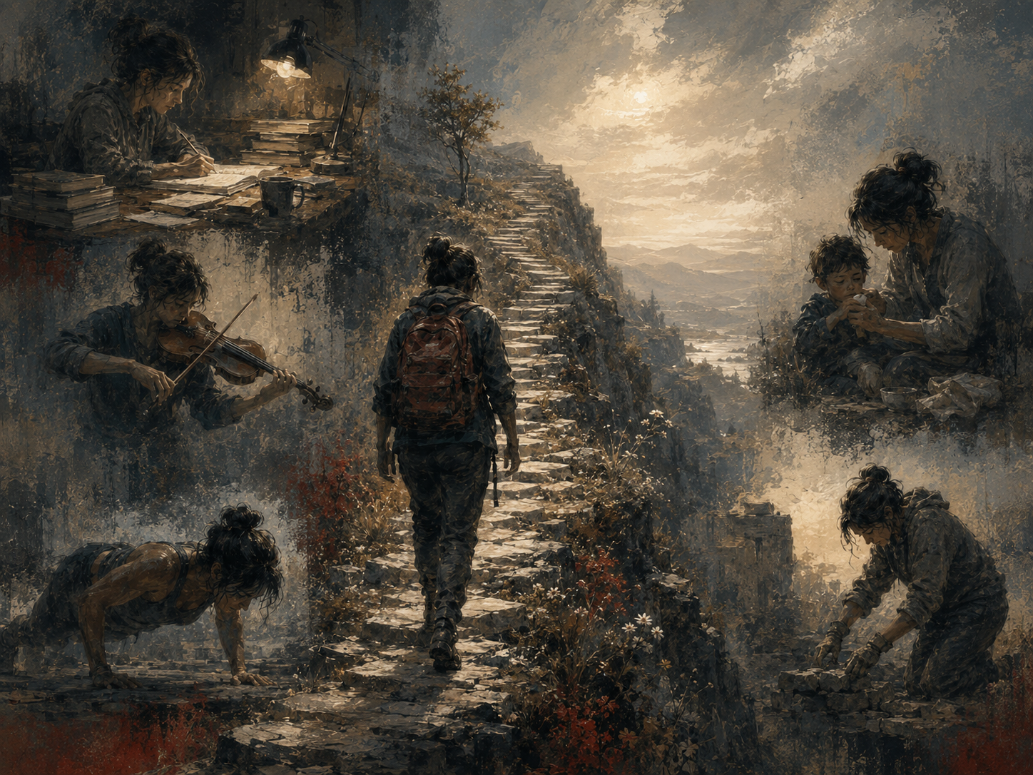 Painterly editorial illustration of a person walking up a rugged mountain path toward distant light, surrounded by scenes of study, practice, caregiving, physical endurance, and patient work.