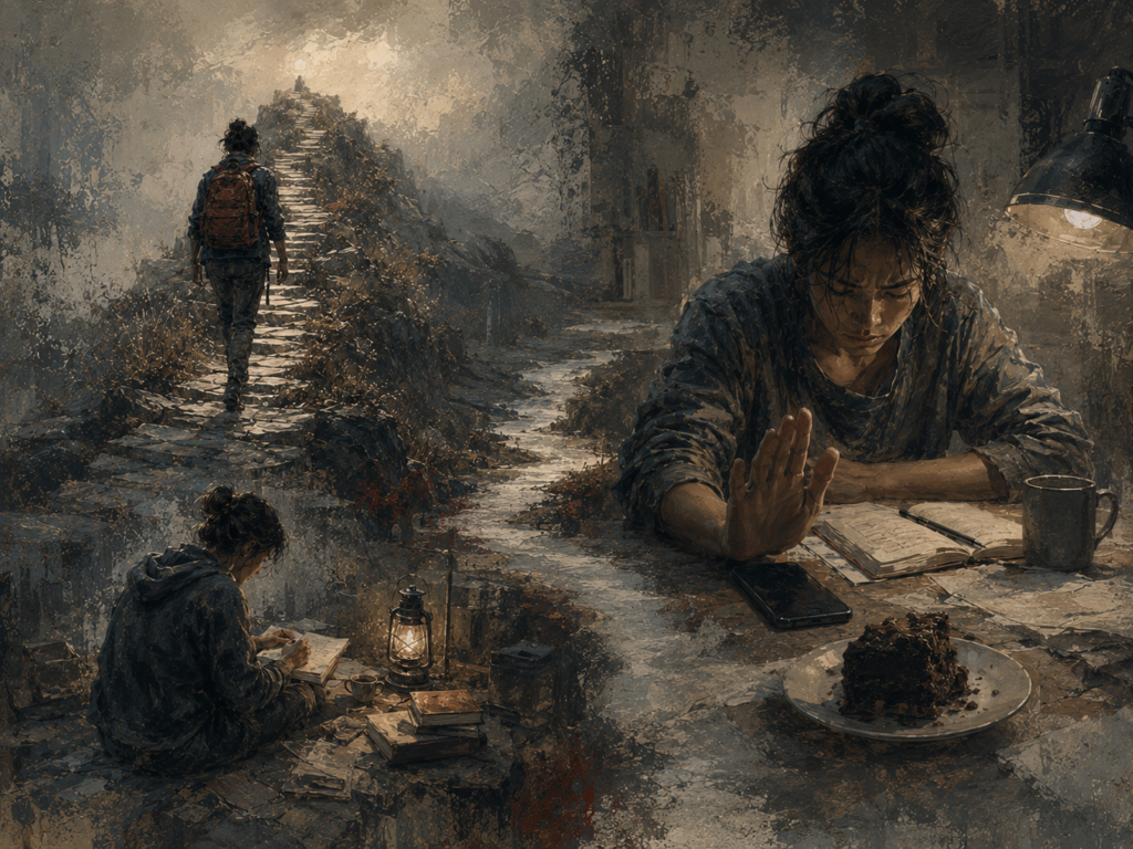 Painterly editorial illustration contrasting grit and self-control, with one figure walking a difficult long path while another resists distraction at a desk.