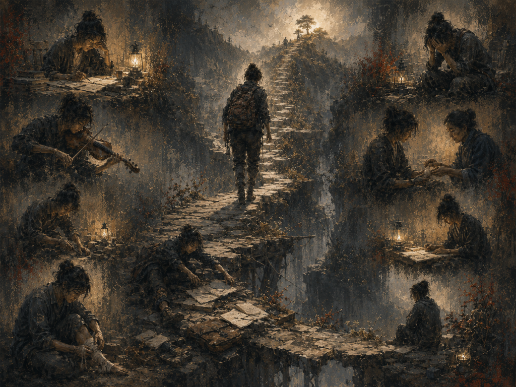 Painterly editorial illustration of grit and recovery, showing a person continuing along a broken stone path after falling, surrounded by scenes of study, practice, injury, reflection, support, and renewed effort.