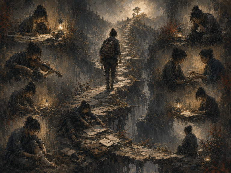 Painterly editorial illustration of grit and recovery, showing a person continuing along a broken stone path after falling, surrounded by scenes of study, practice, injury, reflection, support, and renewed effort.