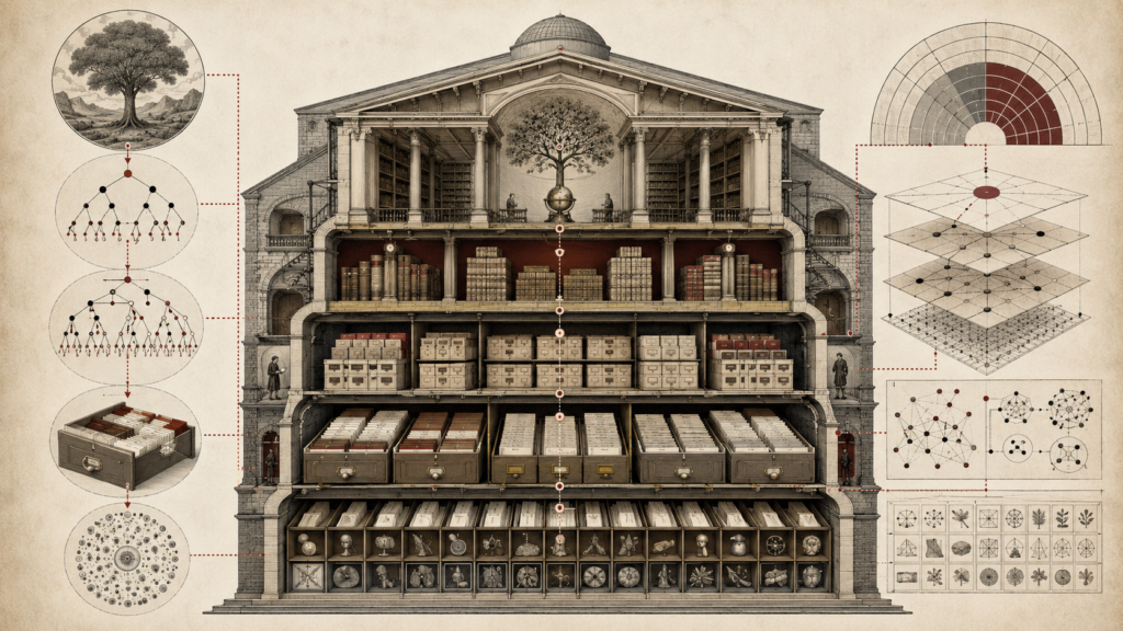 Editorial illustration of a grand cutaway knowledge archive with tiered shelves, branching tree diagrams, nested classification levels, drawers, records, and specimen-like information units.