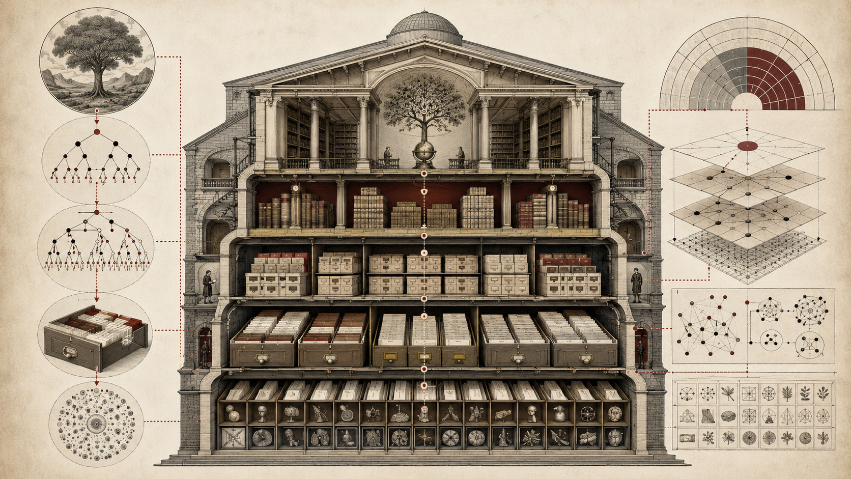 Editorial illustration of a grand cutaway knowledge archive with tiered shelves, branching tree diagrams, nested classification levels, drawers, records, and specimen-like information units.