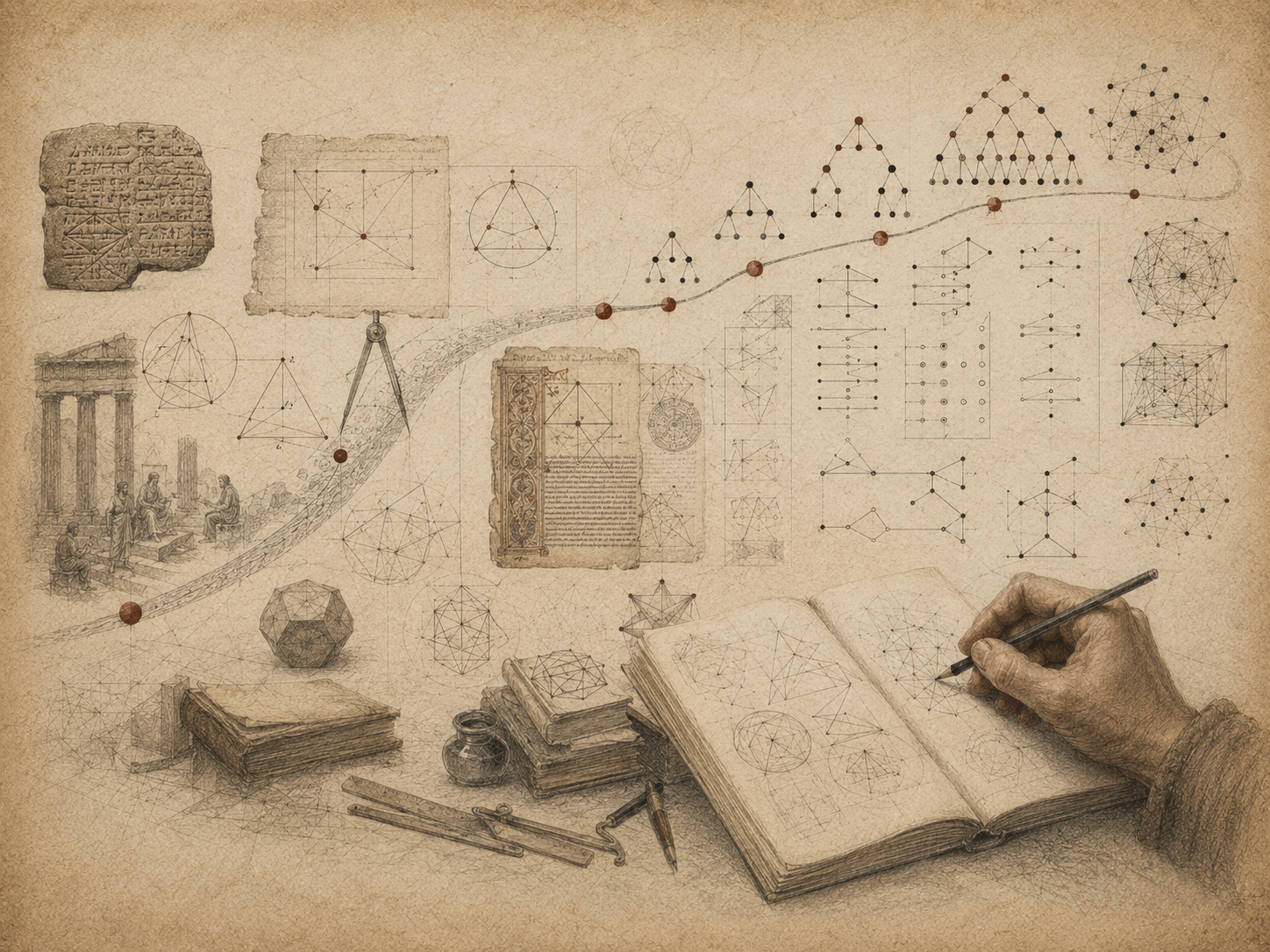 Scholarly editorial illustration of ancient tablets, geometric manuscripts, classical architecture, compass tools, proof diagrams, timelines, open books, and a hand drawing mathematical constructions on textured parchment.