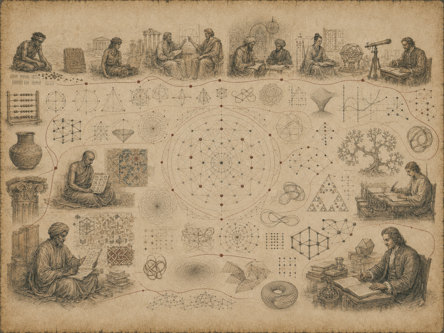 Scholarly editorial illustration of mathematicians across cultures and eras, surrounded by geometric diagrams, manuscripts, instruments, networks, topology, graphs, and abstract mathematical structures on textured parchment.