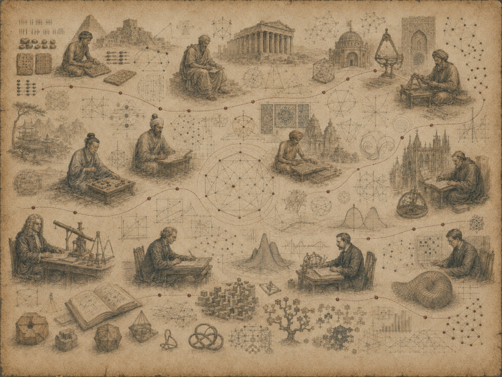 Scholarly editorial illustration of mathematicians across cultures and eras, surrounded by manuscripts, geometric diagrams, instruments, architecture, graphs, networks, and abstract mathematical structures on textured parchment.