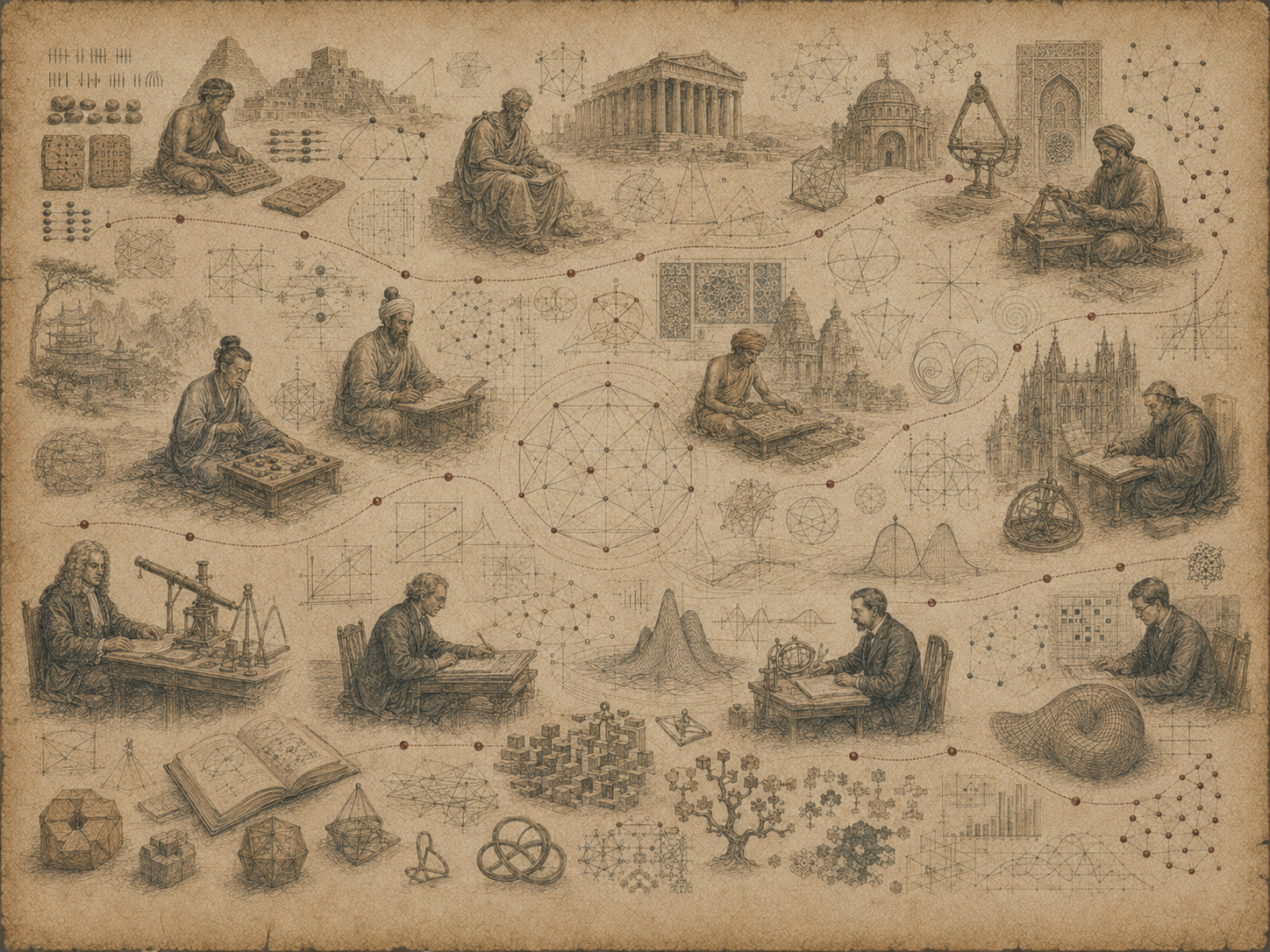 Scholarly editorial illustration of mathematicians across cultures and eras, surrounded by manuscripts, geometric diagrams, instruments, architecture, graphs, networks, and abstract mathematical structures on textured parchment.