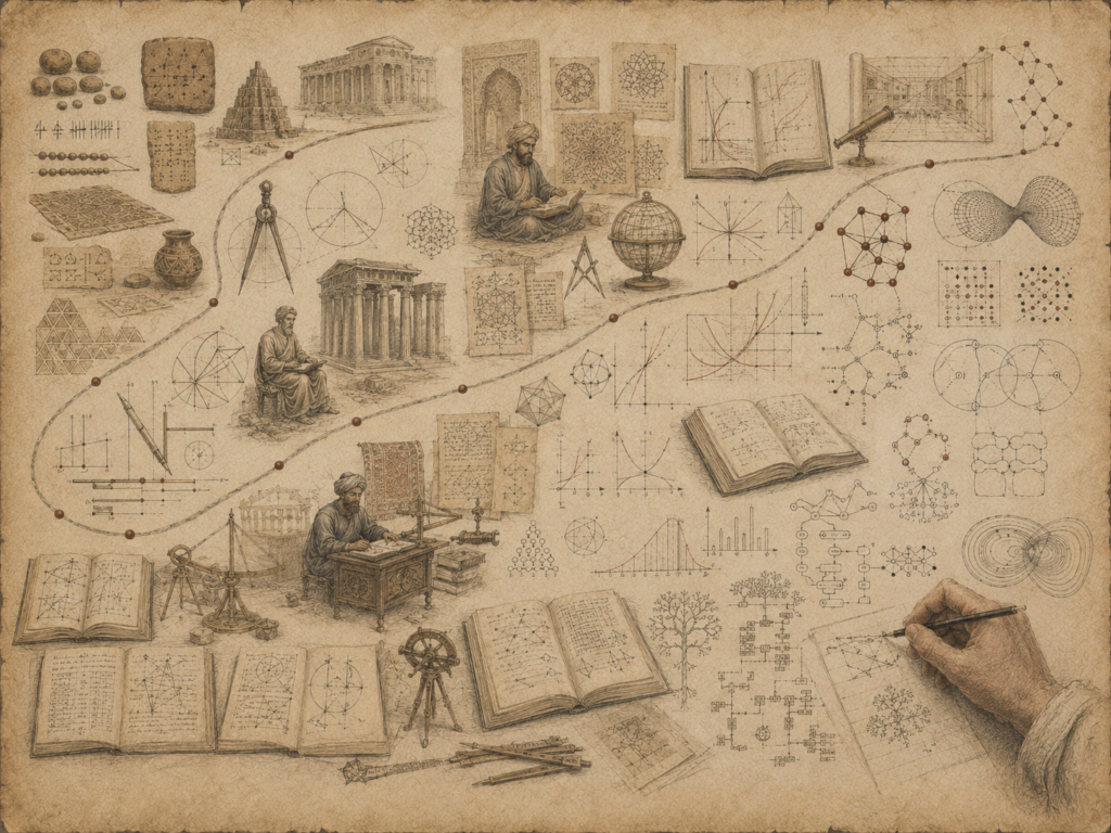 Scholarly editorial illustration of ancient counting systems, geometric diagrams, manuscripts, classical and Islamic architecture, scientific instruments, graphs, networks, open books, and a hand drawing mathematical forms on textured parchment.