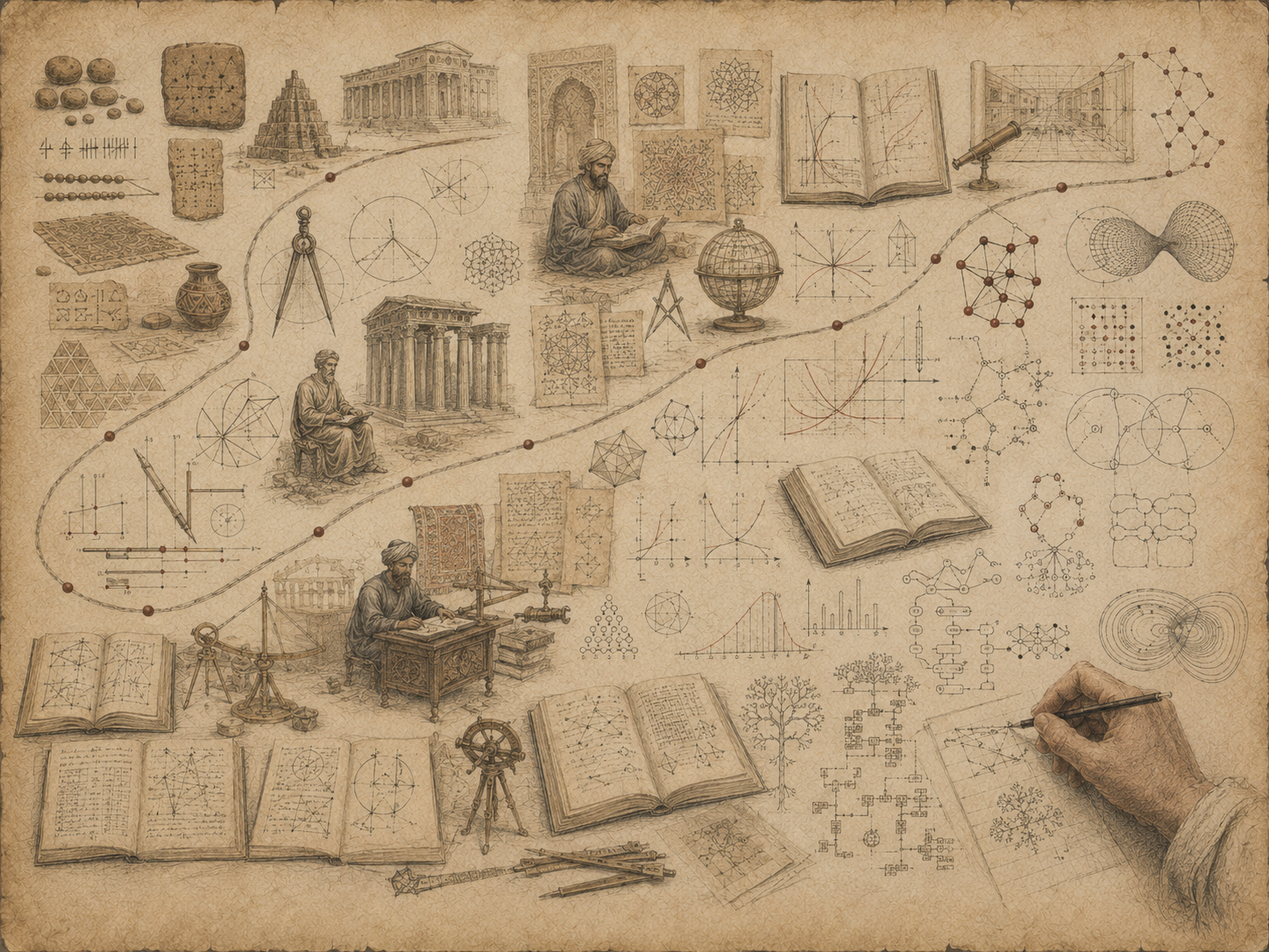 Scholarly editorial illustration of ancient counting systems, geometric diagrams, manuscripts, classical and Islamic architecture, scientific instruments, graphs, networks, open books, and a hand drawing mathematical forms on textured parchment.