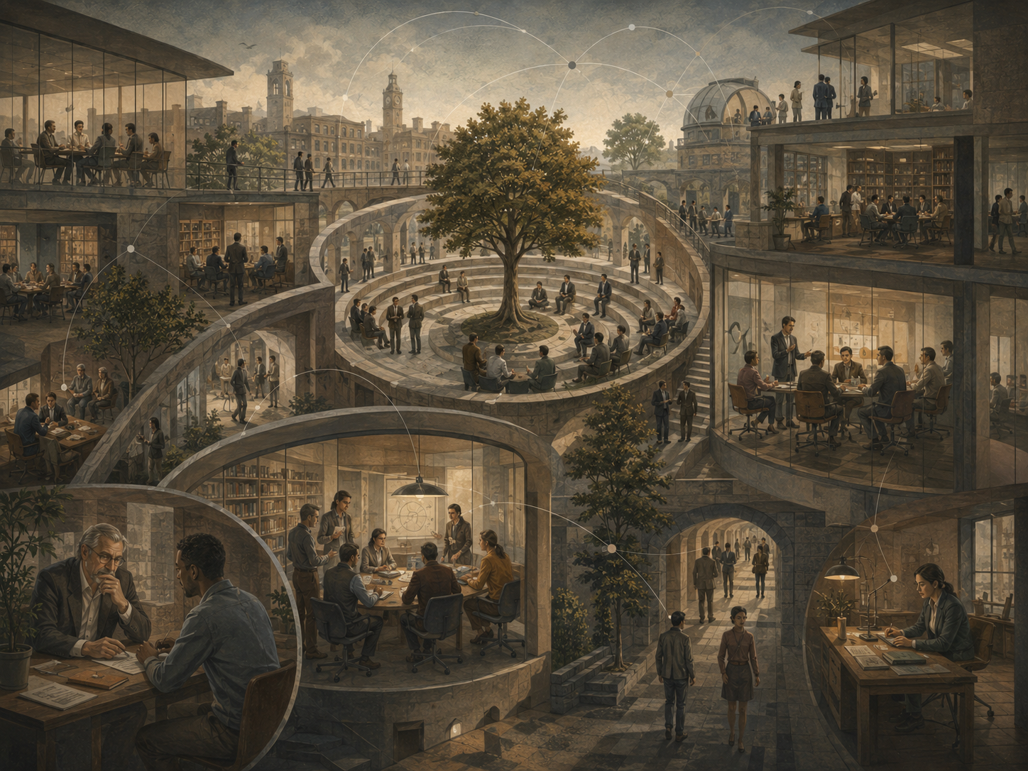 Restrained institutional illustration of people interacting across a layered organizational campus with meeting rooms, courtyards, bridges, offices, libraries, and network pathways.
