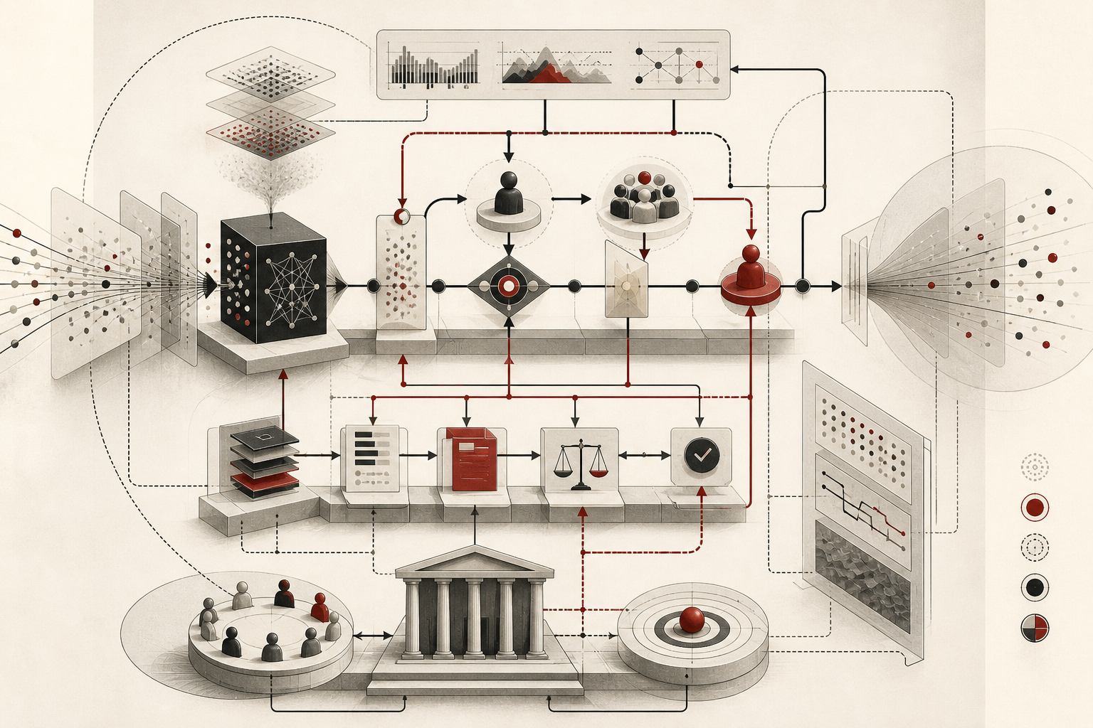 Abstract editorial illustration of AI accountability as a governed decision architecture with evidence trails, human review checkpoints, appeal pathways, correction loops, monitoring layers, and institutional oversight.