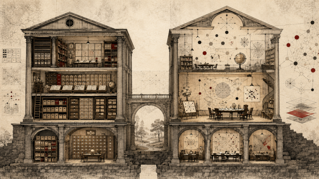 Editorial illustration of two neighboring architectural knowledge systems, with an orderly archive on one side and a relational research environment on the other, connected by a quiet bridge.