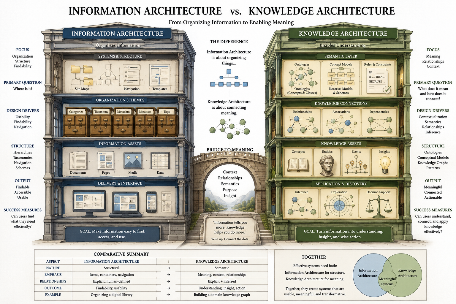Detailed infographic comparing information architecture and knowledge architecture through two architectural structures, one focused on organizing information and the other on connecting meaning.