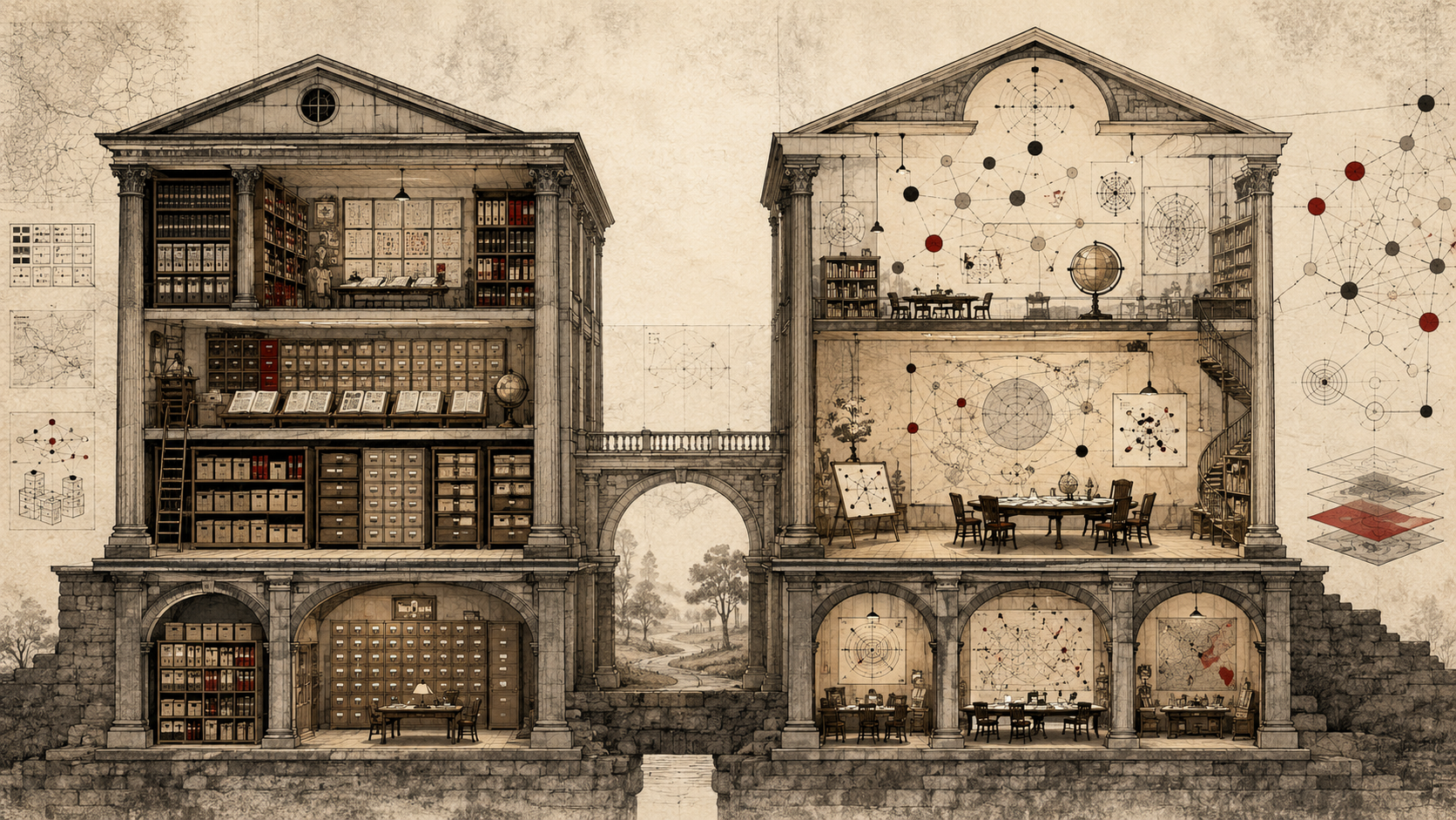 Editorial illustration of two neighboring architectural knowledge systems, with an orderly archive on one side and a relational research environment on the other, connected by a quiet bridge.