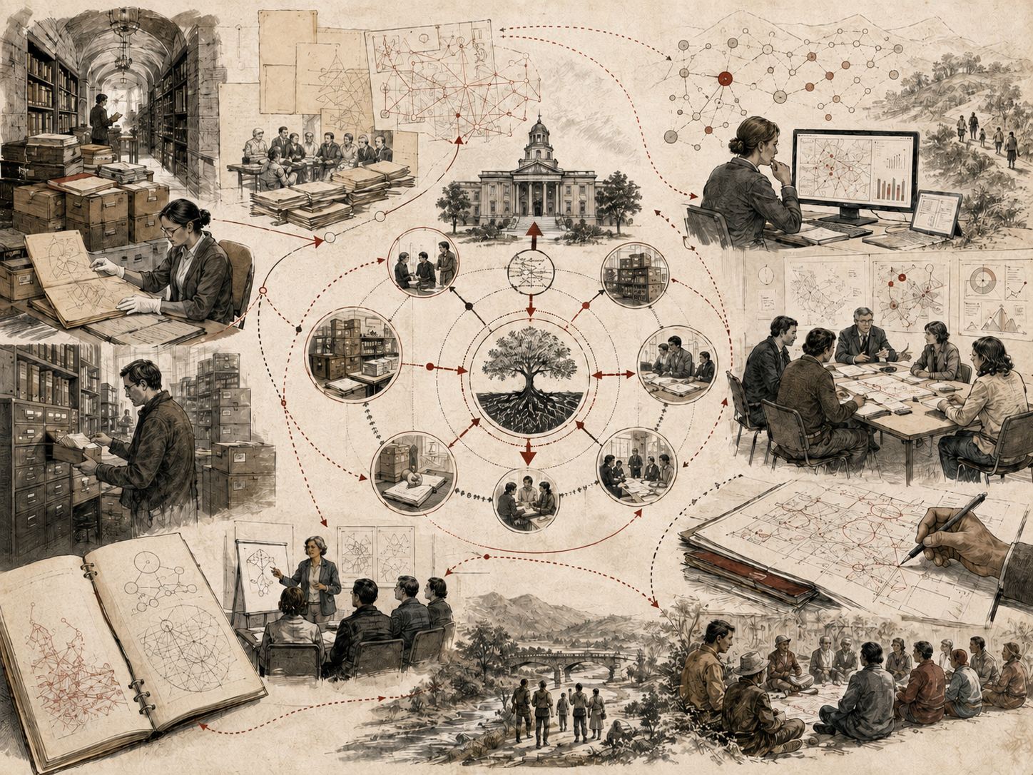 Scholarly editorial illustration of archives, records, meetings, knowledge systems, planning diagrams, institutional buildings, collaborative learning scenes, and feedback networks connected by circular pathways.