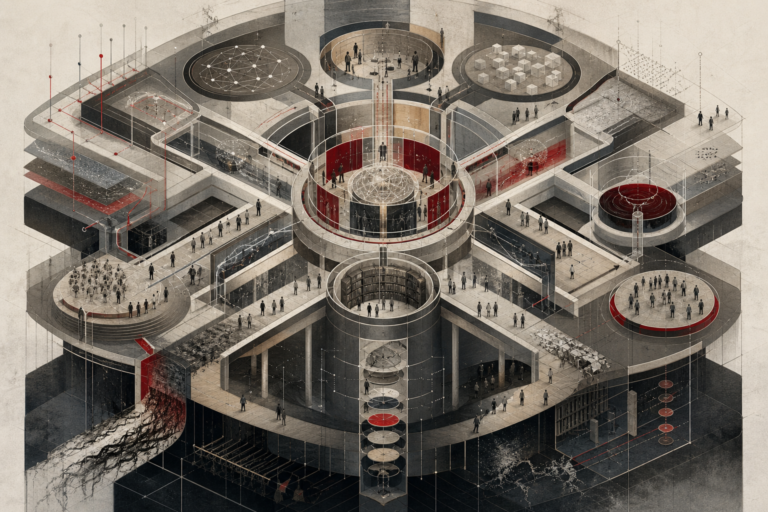 Editorial illustration of institutions and governance shown as a layered civic system with interconnected chambers, pathways, archives, public spaces, and structural nodes representing authority, accountability, coordination, and institutional trust.