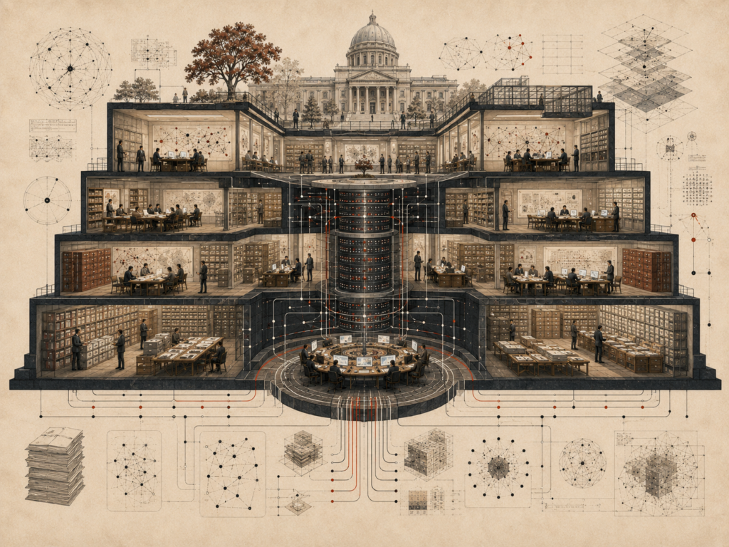 Editorial illustration of a layered research platform with archives, collaborative workrooms, database infrastructure, semantic networks, analytical diagrams, and institutional knowledge systems.