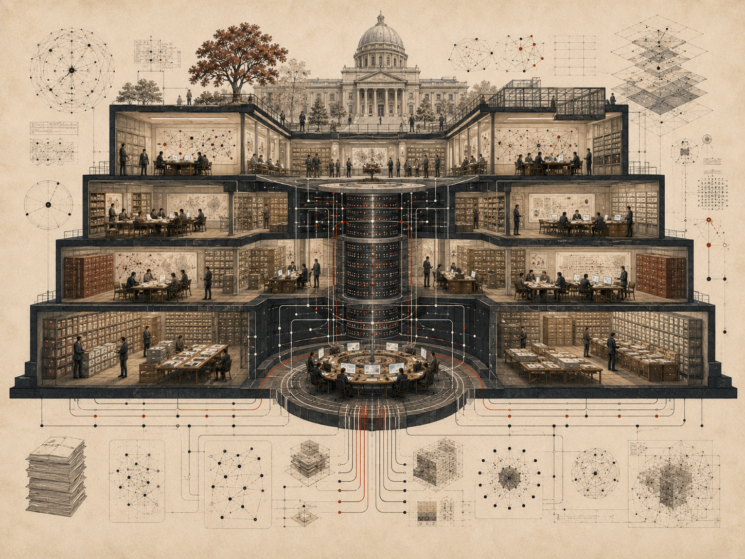 Editorial illustration of a layered research platform with archives, collaborative workrooms, database infrastructure, semantic networks, analytical diagrams, and institutional knowledge systems.