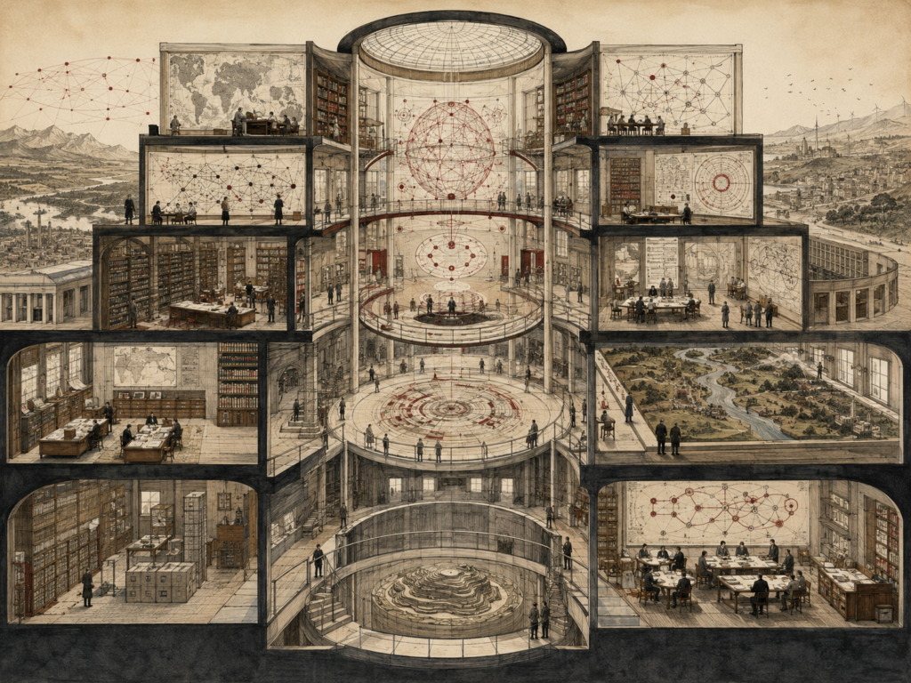 Editorial illustration of a multi-level knowledge institution with systems maps, archives, research rooms, landscape models, network diagrams, and circular analytical pathways.