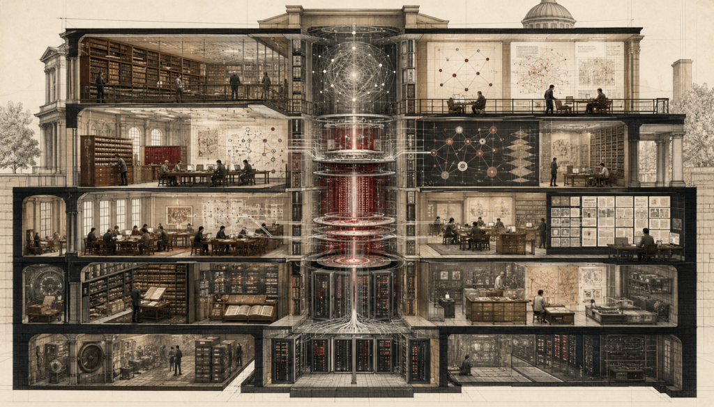 Editorial illustration of a multi-level digital library with archives, reading rooms, semantic networks, database infrastructure, research workspaces, and a central knowledge core.