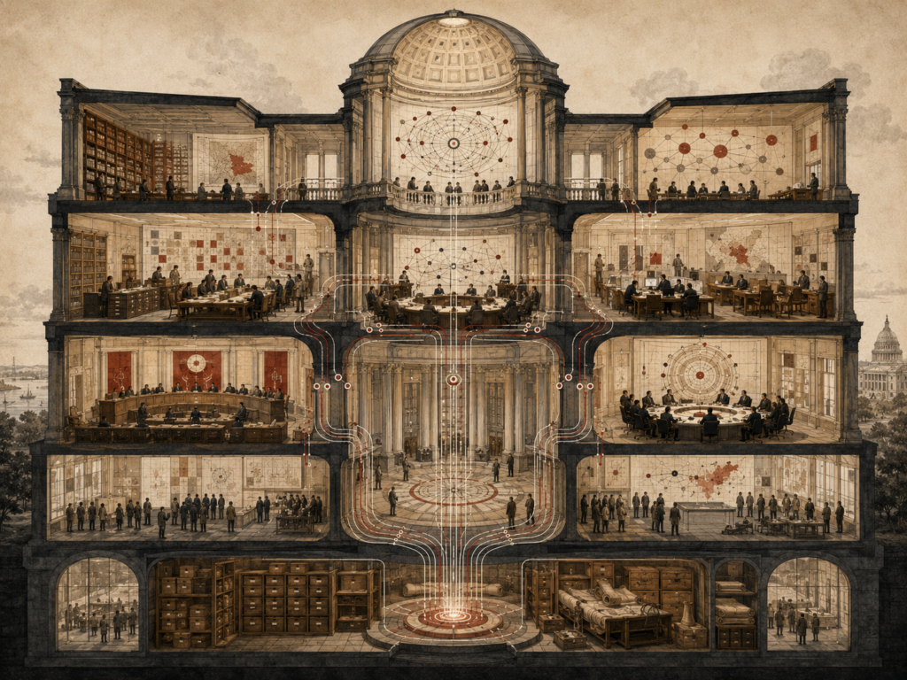 Editorial illustration of a layered governance institution with archives, deliberation chambers, policy rooms, civic participants, analytical maps, and knowledge pathways flowing through the building.