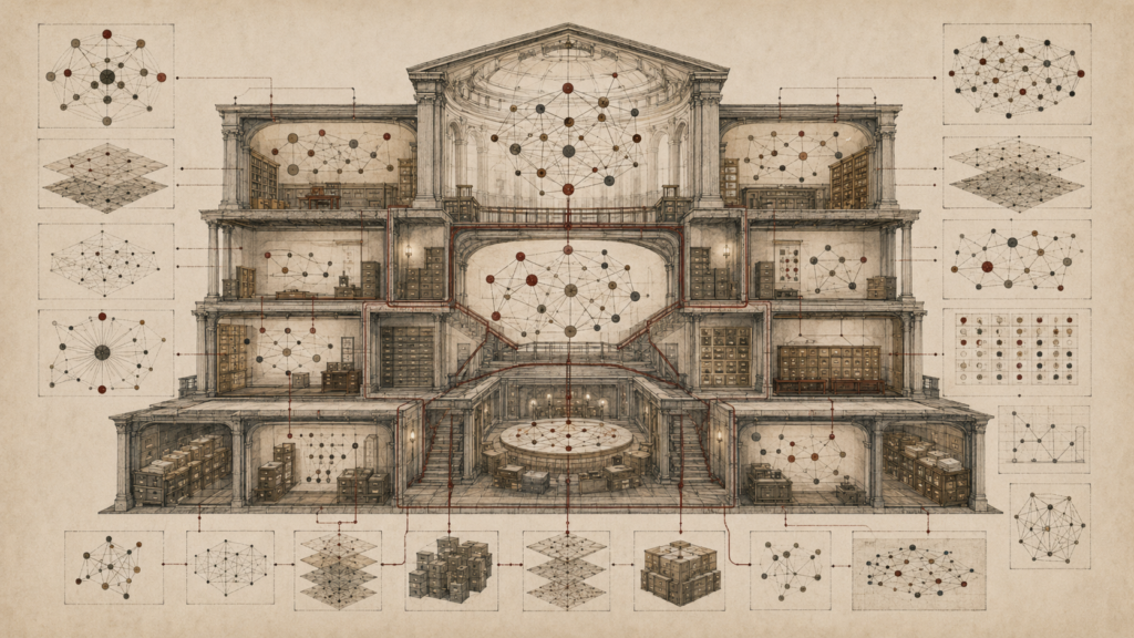 Editorial illustration of a grand cutaway knowledge archive with node networks, semantic relationship pathways, graph panels, archival rooms, and interconnected concept chambers.