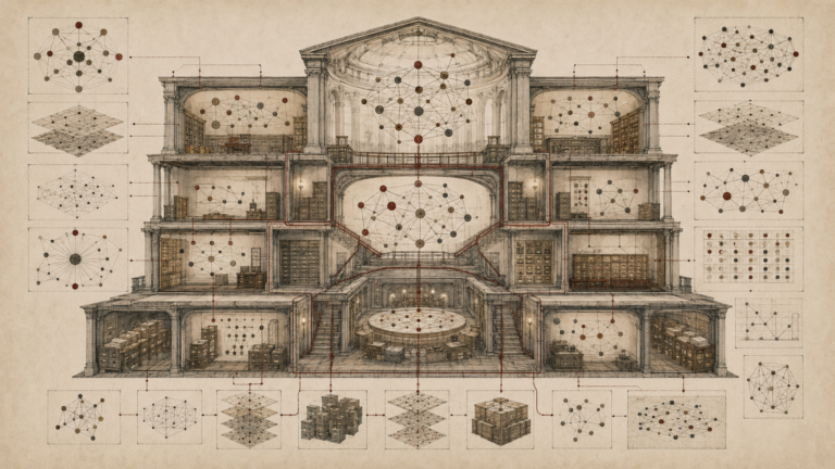 Editorial illustration of a grand cutaway knowledge archive with node networks, semantic relationship pathways, graph panels, archival rooms, and interconnected concept chambers.