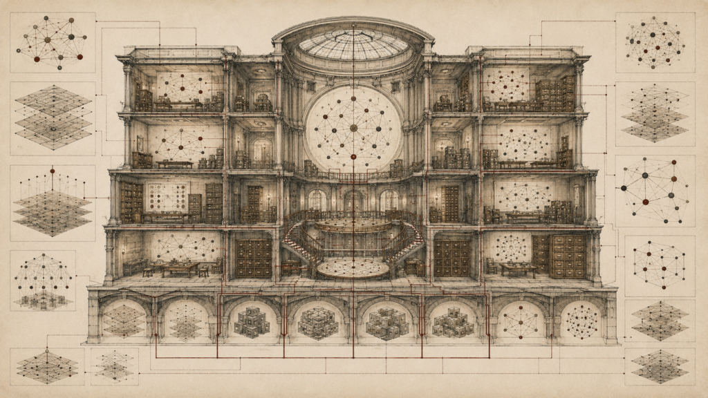 Editorial illustration of a grand cutaway knowledge archive with concept maps, model diagrams, linked nodes, layered schemas, archival rooms, and interconnected conceptual pathways.