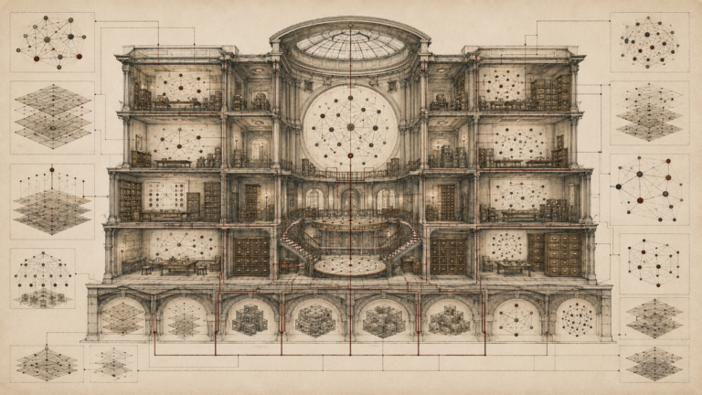 Editorial illustration of a grand cutaway knowledge archive with concept maps, model diagrams, linked nodes, layered schemas, archival rooms, and interconnected conceptual pathways.