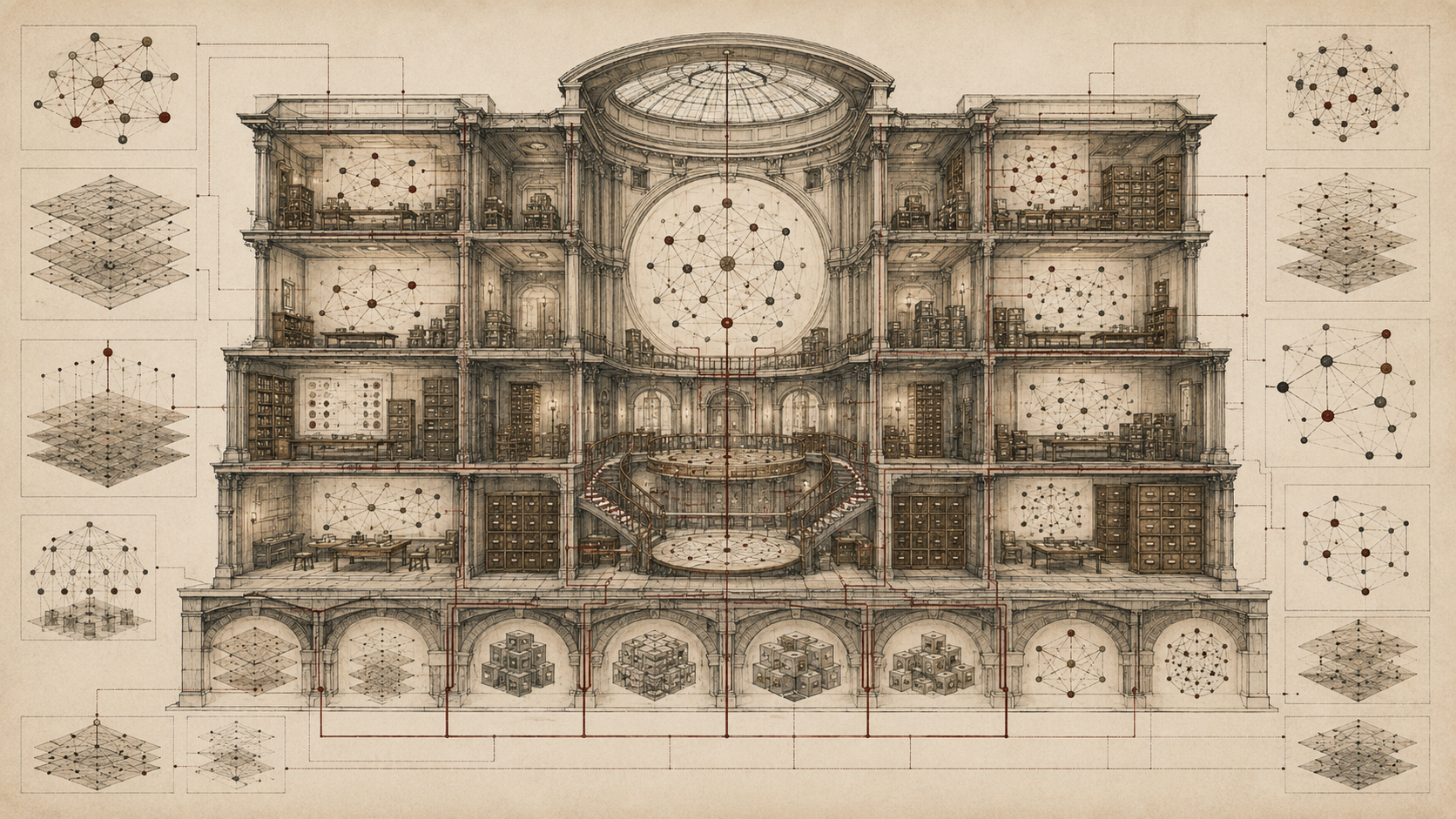 Editorial illustration of a grand cutaway knowledge archive with concept maps, model diagrams, linked nodes, layered schemas, archival rooms, and interconnected conceptual pathways.