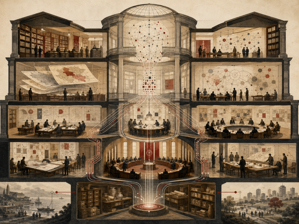 Editorial illustration of a multi-level institutional knowledge system with archives, maps, analytical rooms, deliberation chambers, and decision pathways converging around civic decision-making.