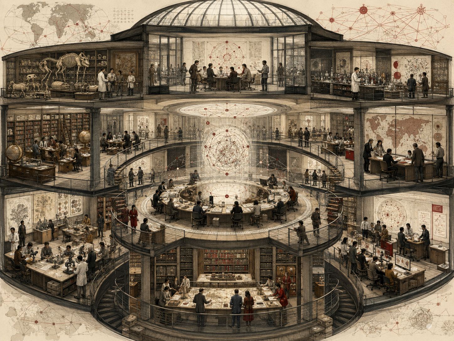 Editorial illustration of a circular scientific knowledge hub with laboratories, archives, research teams, global maps, specimens, semantic networks, and collaborative workspaces.