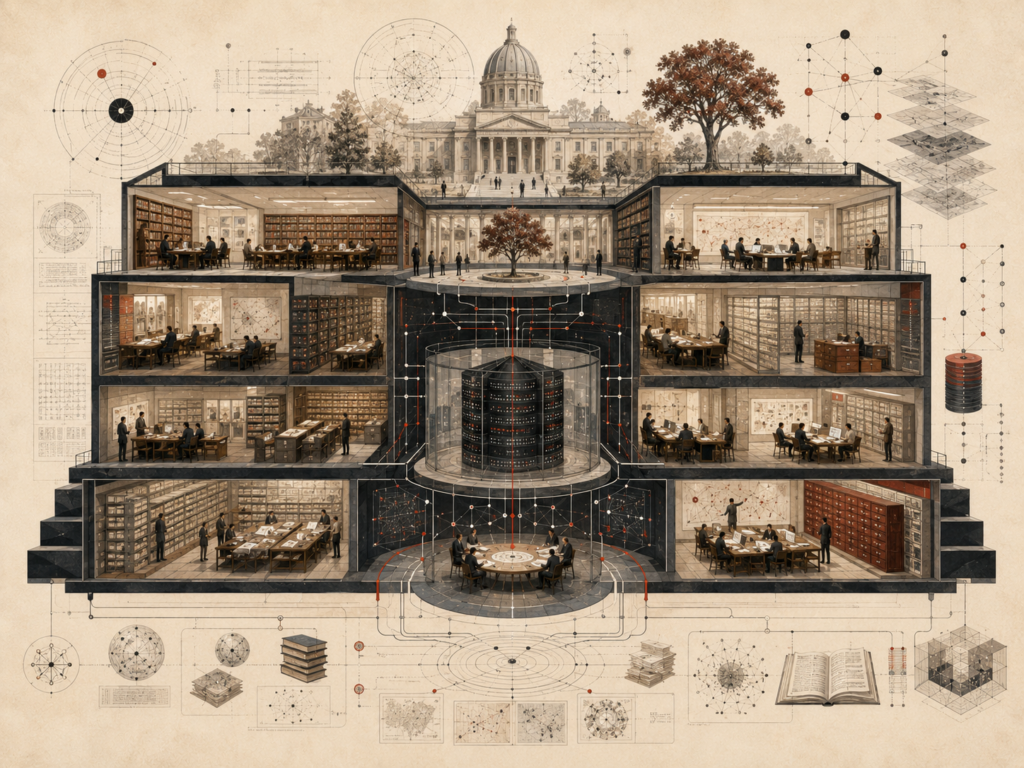 Editorial illustration of a research institution as a layered knowledge system, with archives, reading rooms, databases, semantic networks, analytical workspaces, and civic research infrastructure.