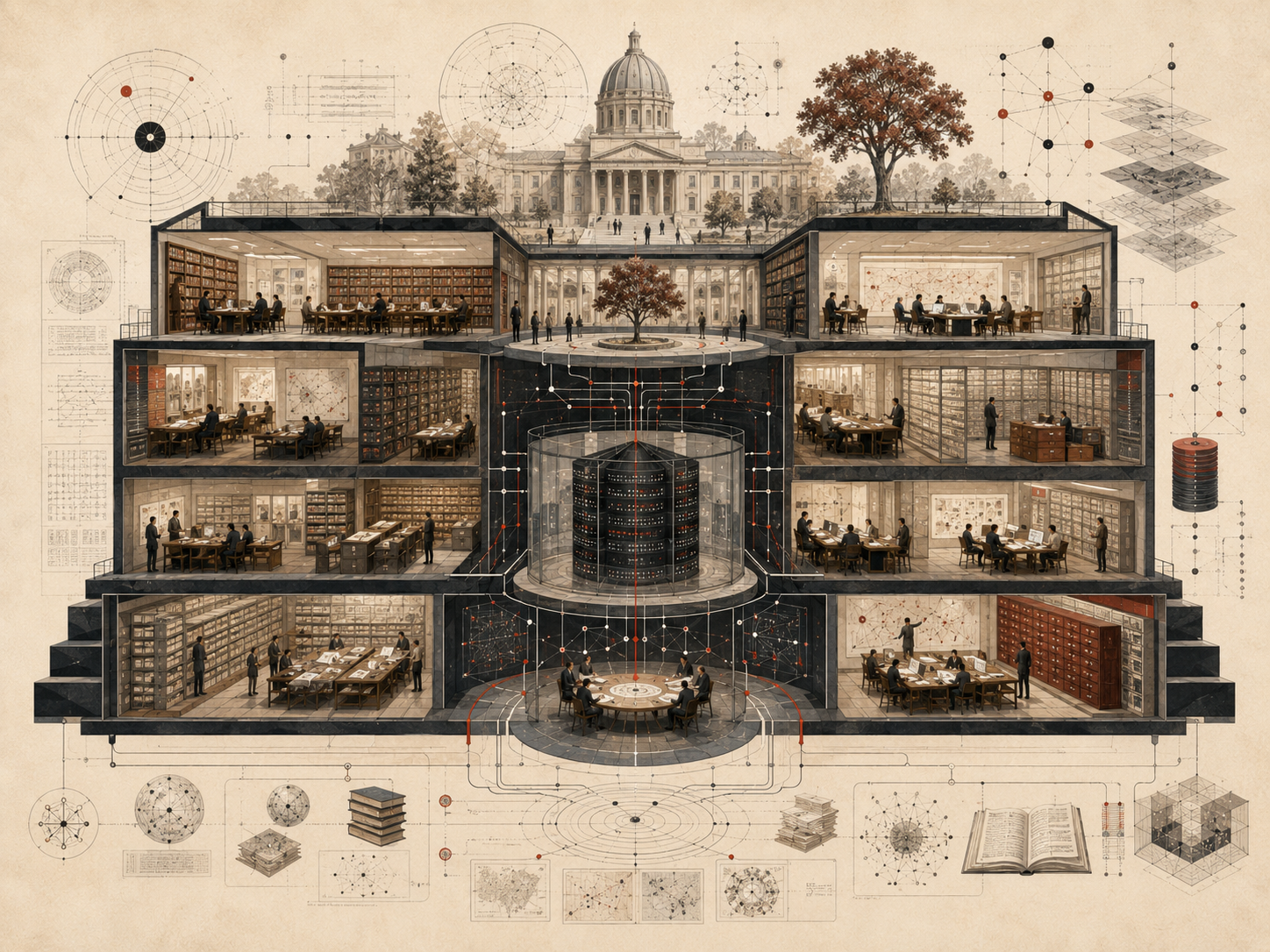 Editorial illustration of a research institution as a layered knowledge system, with archives, reading rooms, databases, semantic networks, analytical workspaces, and civic research infrastructure.