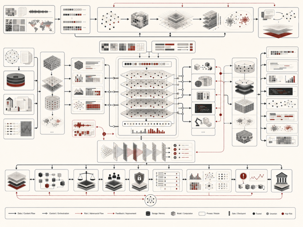 Abstract editorial illustration showing a large language model as a foundation-model system connecting tokenized inputs, transformer layers, retrieval, tools, memory, outputs, safety filters, monitoring, risk pathways, and governance controls.