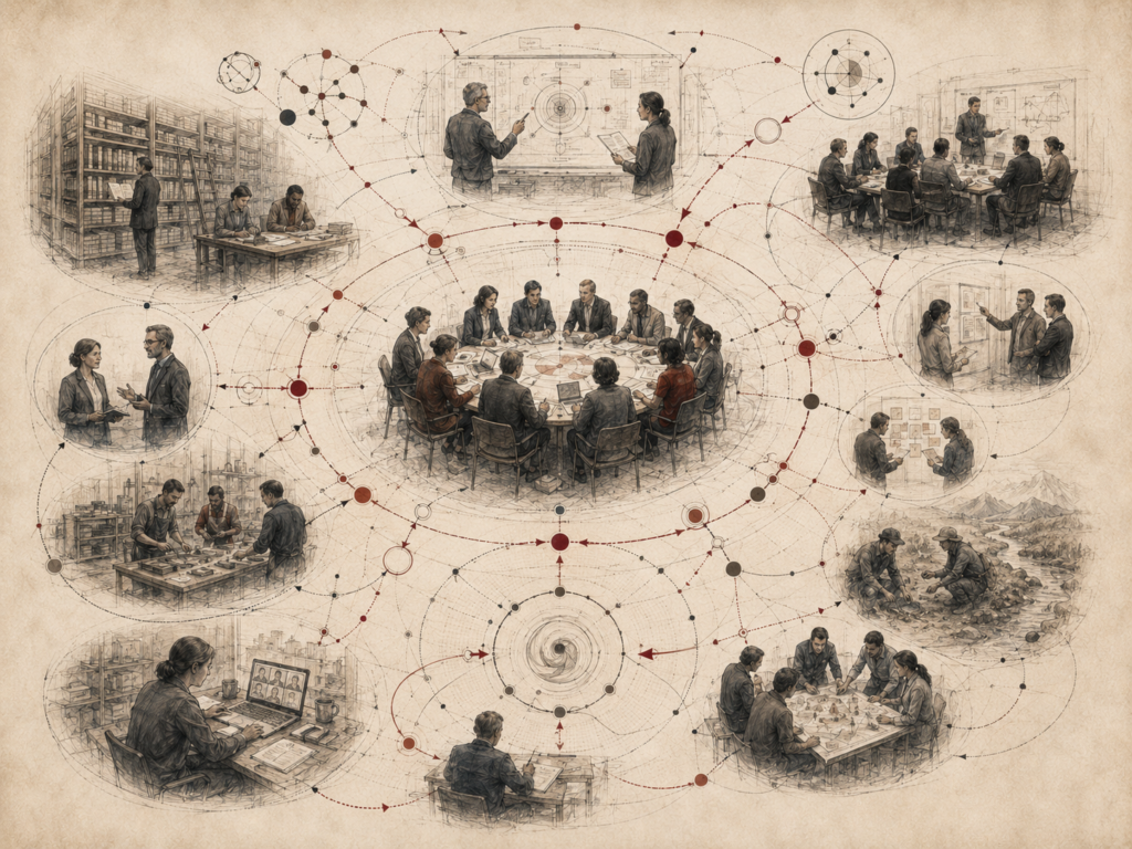 Scholarly editorial illustration of organizational learning scenes, meetings, knowledge libraries, workshops, field teams, feedback networks, and circular learning pathways on textured parchment.
