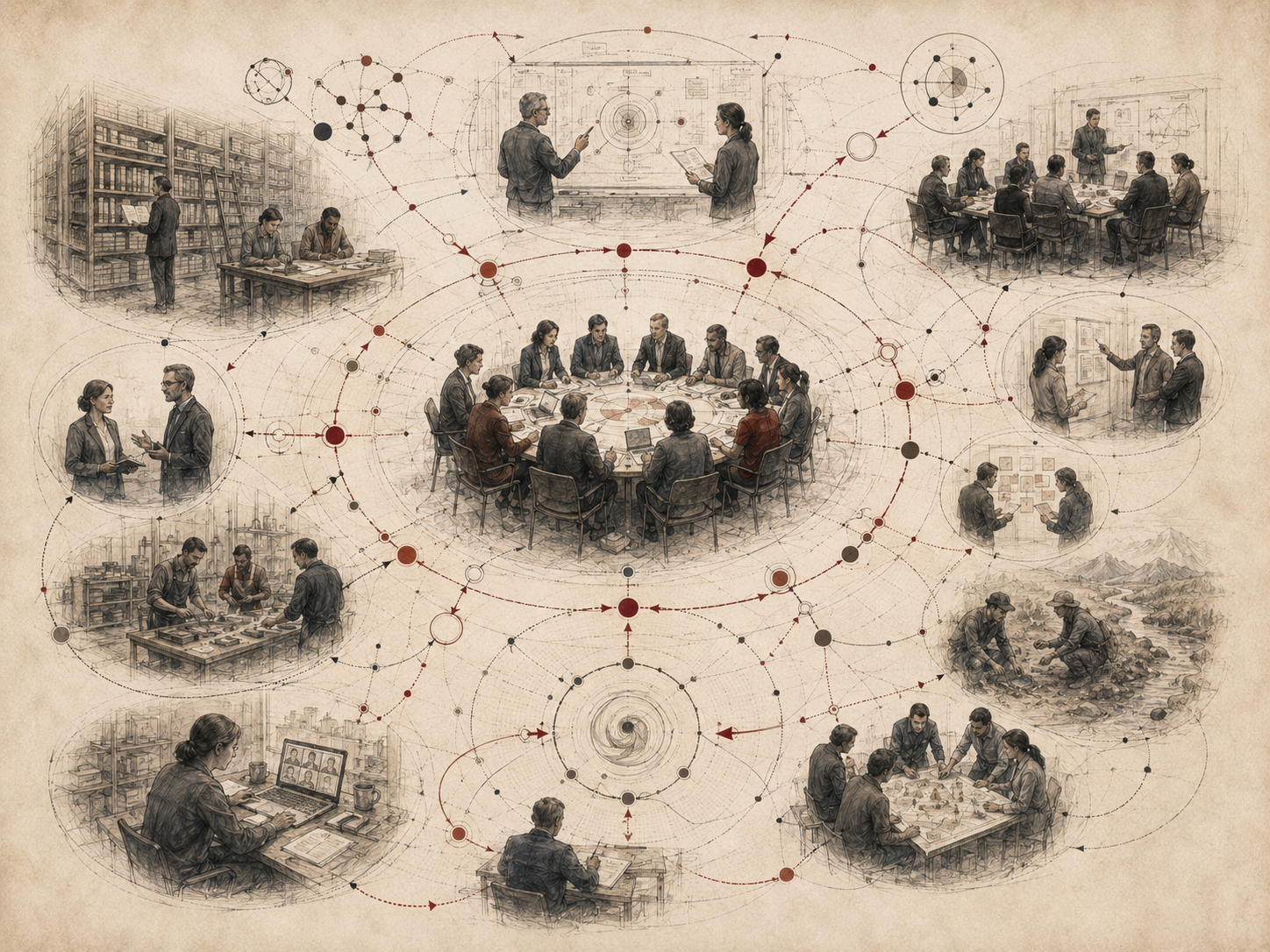 Scholarly editorial illustration of organizational learning scenes, meetings, knowledge libraries, workshops, field teams, feedback networks, and circular learning pathways on textured parchment.