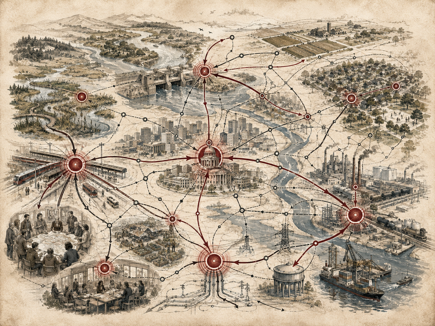 Scholarly systems-thinking illustration of a regional system with rivers, cities, farms, industry, ports, public institutions, planning meetings, infrastructure, and highlighted intervention points connected by causal pathways.