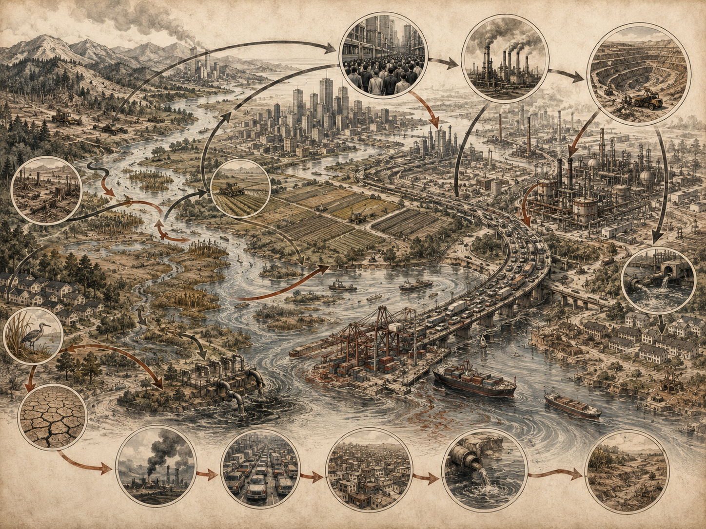 Scholarly systems-thinking illustration of a regional landscape with cities, industry, farms, ports, highways, extraction sites, polluted waterways, degraded ecosystems, and circular feedback pathways.