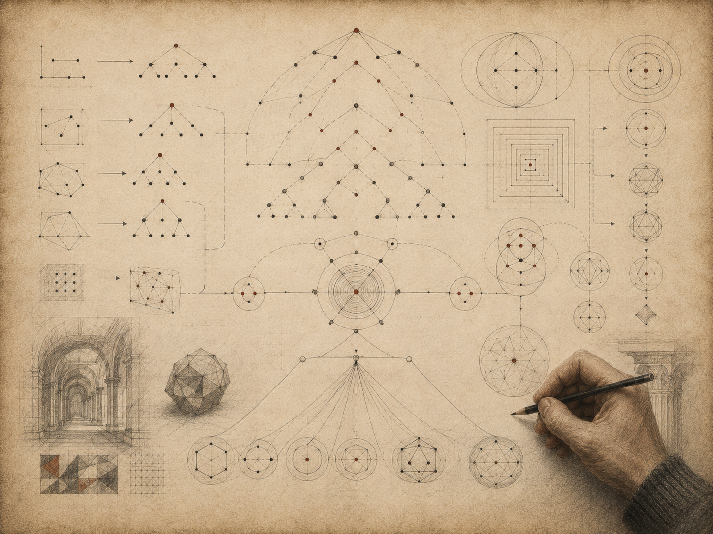 Scholarly editorial illustration of branching logical diagrams, geometric constructions, inference pathways, circular proof structures, architectural forms, and a hand drawing on textured parchment.