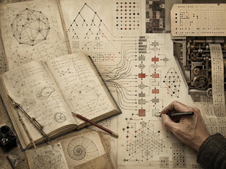 Scholarly editorial illustration of mathematical notebooks, formal diagrams, algorithmic flowcharts, mechanical computation, punched-card machinery, and a hand drawing structured reasoning on aged paper.