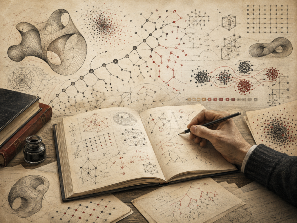 Scholarly editorial illustration of open mathematical notebooks, hand-drawn networks, abstract structures, data clusters, topological forms, and branching diagrams representing human reasoning and AI-assisted mathematical discovery.