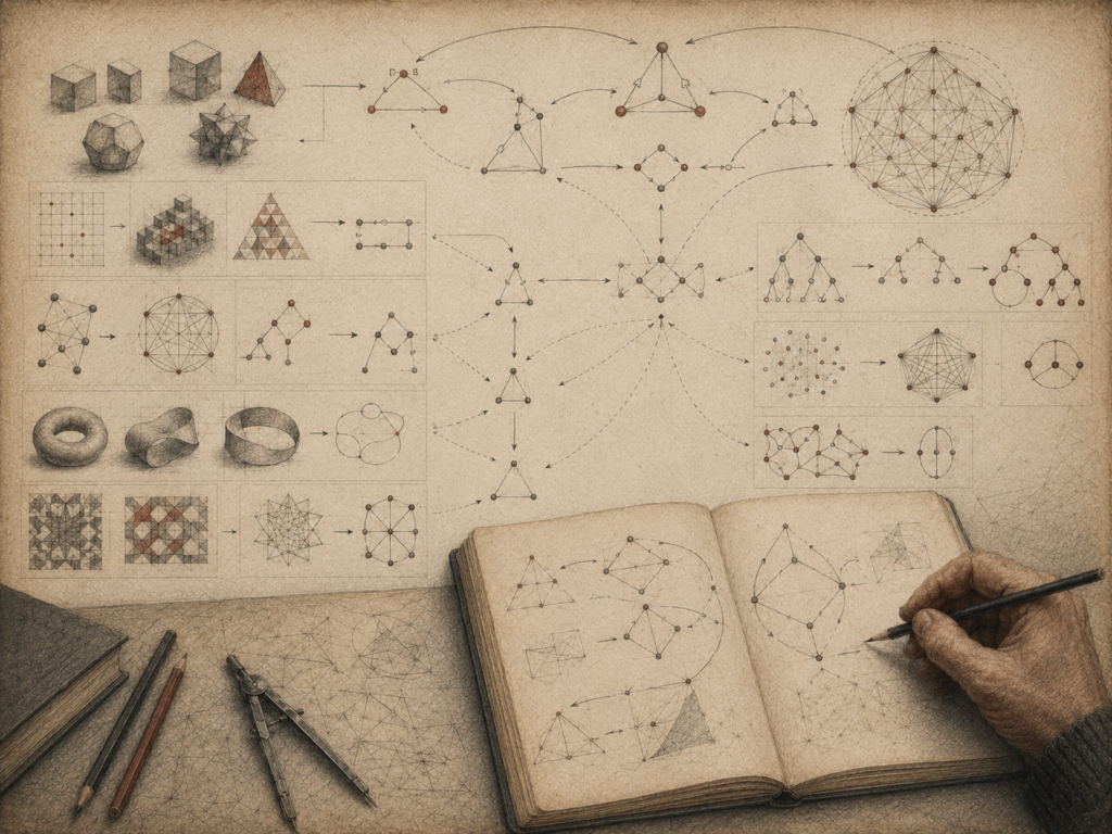 Scholarly editorial illustration of geometric objects, mappings, arrows, diagrams, networks, topological forms, notebooks, and hand-drawn relational structures on textured parchment.