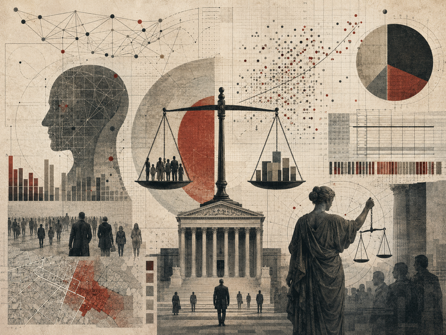 Scholarly editorial illustration of data charts, demographic silhouettes, institutional architecture, balance scales, networks, maps, and abstract measurement systems, representing the ethical stakes of quantification.